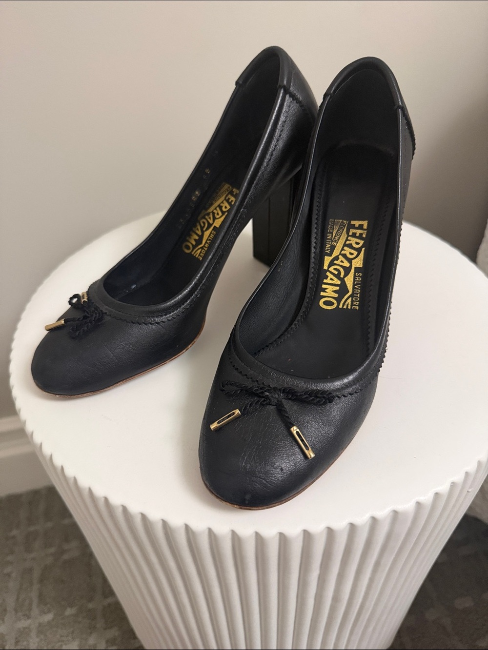 Salvatore Ferragamo Woman’s Black Leather Block Heel Pumps with Bow  Detail